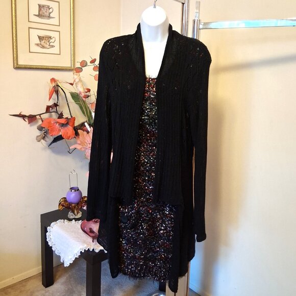 NWT Robert Kitchen Women’s Black Lightweight Crochet Knit Cardigan Chic Sweater - Picture 4 of 9
